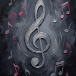Graphite and rose music note canvas wall art featuring floating musical notes and a central treble clef for elegant interiors