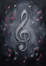 Graphite and rose music note canvas wall art featuring floating musical notes and a central treble clef for elegant interiors