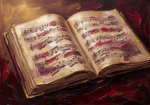 Merlot and antique gold sheet music wall art featuring an open vintage manuscript with elegant musical textures for refined interiors