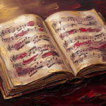 Merlot and antique gold sheet music wall art featuring an open vintage manuscript with elegant musical textures for refined interiors