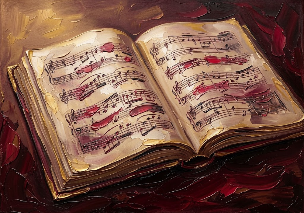 Antique Harmony Sheet Music Wall Art Merlot & Antique Gold Art Print