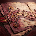 Merlot and antique gold sheet music wall art featuring layered vintage pages and sculptural musical details for elegant interiors