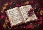 Merlot and antique gold sheet music wall art featuring an open manuscript, feather quill, and elegant vintage musical still life