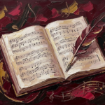 Merlot and antique gold sheet music wall art featuring an open manuscript, feather quill, and elegant vintage musical still life