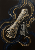 Espresso and antique gold sheet music as wall art featuring a rolled manuscript, classical metronome, and elegant rhythm details