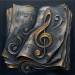 Charcoal and gold sheet music canvas featuring an antique manuscript with layered folds, embossed details, and abstract rhythm forms