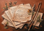 Clay and moss framed sheet music art featuring antique pages, violin bow, and dried botanical elements in warm tones