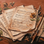 Clay and moss framed sheet music art featuring antique pages, violin bow, and dried botanical elements in warm tones