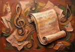 Clay and moss framed sheet music art featuring a rolled manuscript scroll, abstract musical forms, and layered paper textures