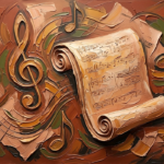Clay and moss framed sheet music art featuring a rolled manuscript scroll, abstract musical forms, and layered paper textures