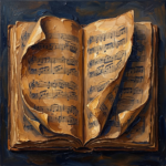 Ochre and navy vintage sheet music wall art featuring an antique manuscript, curled pages, and archival musical details