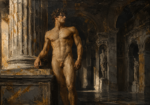 Espresso Gallery renaissance male nude print featuring a classical male figure beside a monumental marble column for elegant interiors