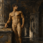 Espresso Gallery renaissance male nude print featuring a classical male figure beside a monumental marble column for elegant interiors