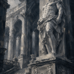 Graphite Museum classical figure print featuring a monumental stone sculpture beside a grand ceremonial staircase for elegant interiors