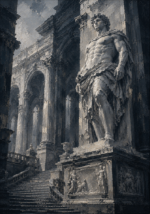 Graphite Museum classical figure print featuring a monumental stone sculpture beside a grand ceremonial staircase for elegant interiors