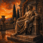 Terracotta classical figurative painting print featuring a seated marble sculpture on a Renaissance throne with warm golden and charcoal tones