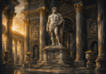 Charcoal and gold classical figure art print featuring a marble sculpture in a grand colonnaded sanctuary with antique tones