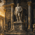 Charcoal and gold classical figure art print featuring a marble sculpture in a grand colonnaded sanctuary with antique tones