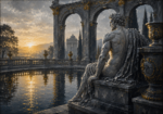 Charcoal and gold classical figure art print featuring a heroic sculpture beside a reflecting basin with monumental arches and soft dawn light