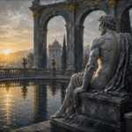 Charcoal and gold classical figure art print featuring a heroic sculpture beside a reflecting basin with monumental arches and soft dawn light