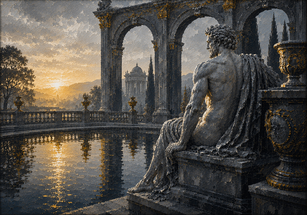 Aureate Horizon Classical Figure Art Charcoal & Gold Art Print