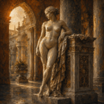 Honey bronze fine art nude prints featuring a classical figure beside a marble pedestal with Renaissance arches and warm sunlight