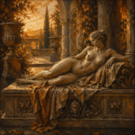 Honey bronze fine art nude prints featuring a reclining classical nude figure in a Renaissance courtyard with marble architecture and warm golden tones