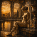 Honey bronze fine art nude prints featuring a seated classical nude figure beside a marble reflecting pool with arches and warm dawn tones