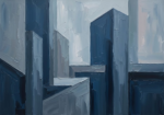 Dusty blue abstract artwork for office featuring layered geometric forms and painterly mineral-inspired composition for sophisticated interiors
