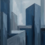 Dusty blue abstract artwork for office featuring layered geometric forms and painterly mineral-inspired composition for sophisticated interiors