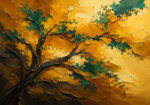 Amber and emerald abstract painting for office featuring layered botanical-inspired forms with painterly texture for elegant contemporary interiors