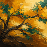 Amber and emerald abstract painting for office featuring layered botanical-inspired forms with painterly texture for elegant contemporary interiors