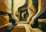 Amber and emerald abstract painting for office featuring layered architectural forms with painterly texture for sophisticated interiors