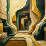 Amber and emerald abstract painting for office featuring layered architectural forms with painterly texture for sophisticated interiors