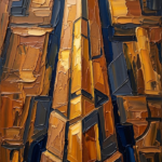 Ochre and navy office abstract painting featuring a monumental architectural form with layered painterly texture for sophisticated interiors