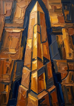 Ochre and navy office abstract painting featuring a monumental architectural form with layered painterly texture for sophisticated interiors