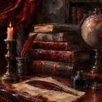 Merlot Library rustic office wall decor featuring stacked antique books and aged leather bindings in rich burgundy and merlot tones for elegant interiors