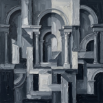 Graphite Museum elegant office wall decor featuring abstract architectural forms in graphite, slate gray, and silver tones for sophisticated interiors