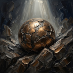 Espresso executive office artwork print featuring a sculptural bronze sphere emerging from textured stone for sophisticated interiors