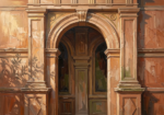 Professional office wall art with warm stone archway clay tones and moss details