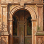 Professional office wall art with warm stone archway clay tones and moss details