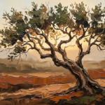 Clay and moss professional office wall art print featuring a sculptural olive tree for elegant executive interiors