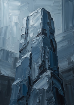 Dusty blue artwork for professional office print featuring a monumental abstract stone monolith