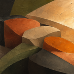 Clay and moss neutral office wall art print featuring layered abstract stone formations