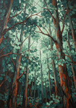 Green relaxing wall art for office featuring an upward view of eucalyptus branches and foliage