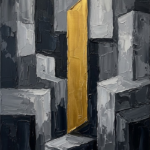 Charcoal modern office artwork featuring architectural forms with a vertical gold accent