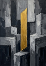 Charcoal modern office artwork featuring architectural forms with a vertical gold accent