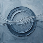 Dusty blue contemporary office artwork featuring a sculptural circular abstract design