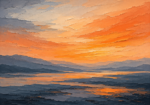 Warm apricot modern office wall art featuring an abstract layered sunset landscape