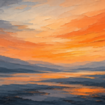 Warm apricot modern office wall art featuring an abstract layered sunset landscape